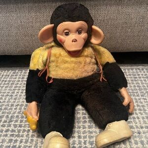 Plush Vintage Monkey Stuffed Animal - Black and Yellow with Banana